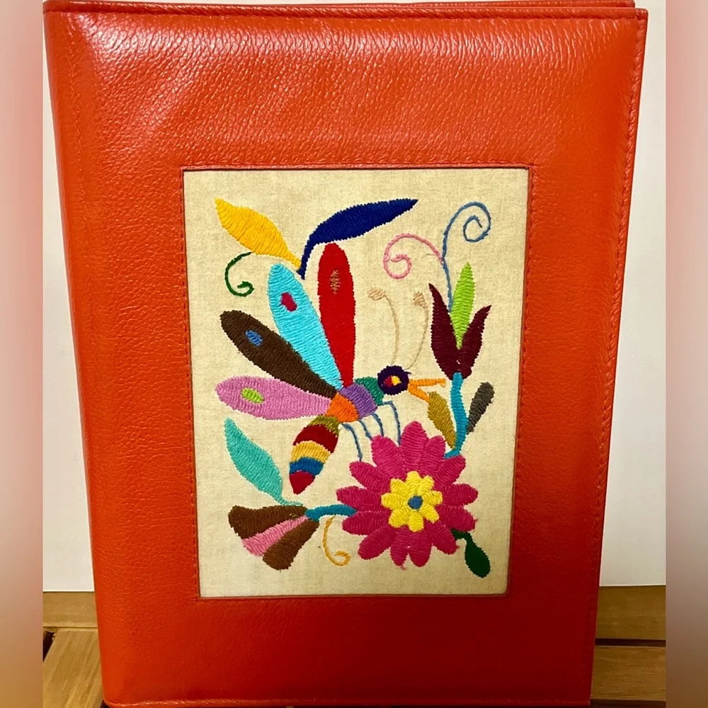 Leather Dragonfly Floral Embroidered Folder OOAK Mexico Vintage KOOK Artesanos
